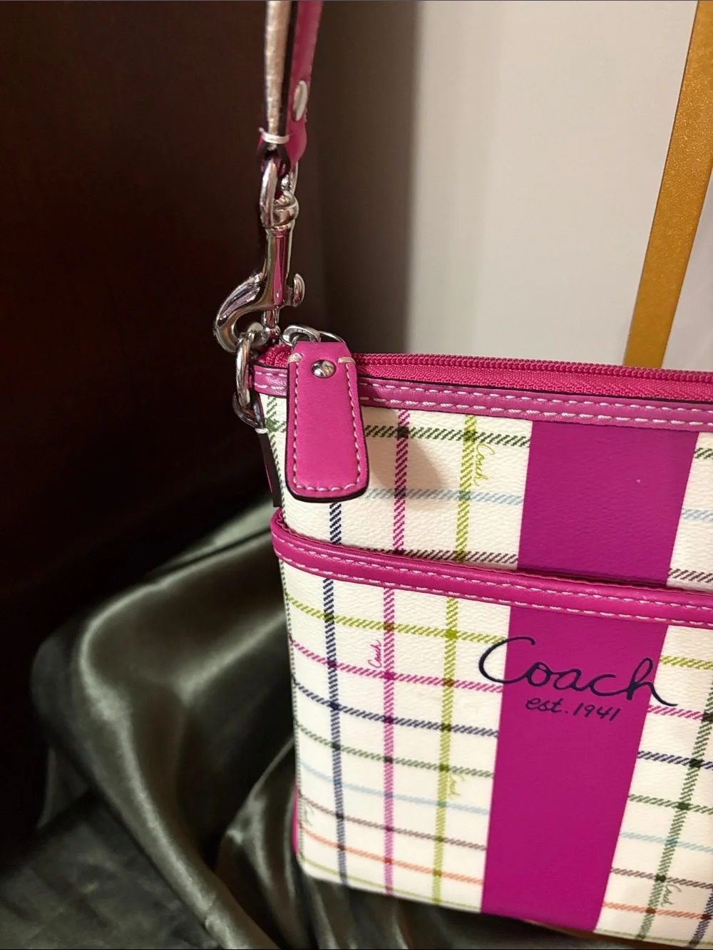 Coach Heritage Tattersall Swingpack crossbody pink and cream plaid design